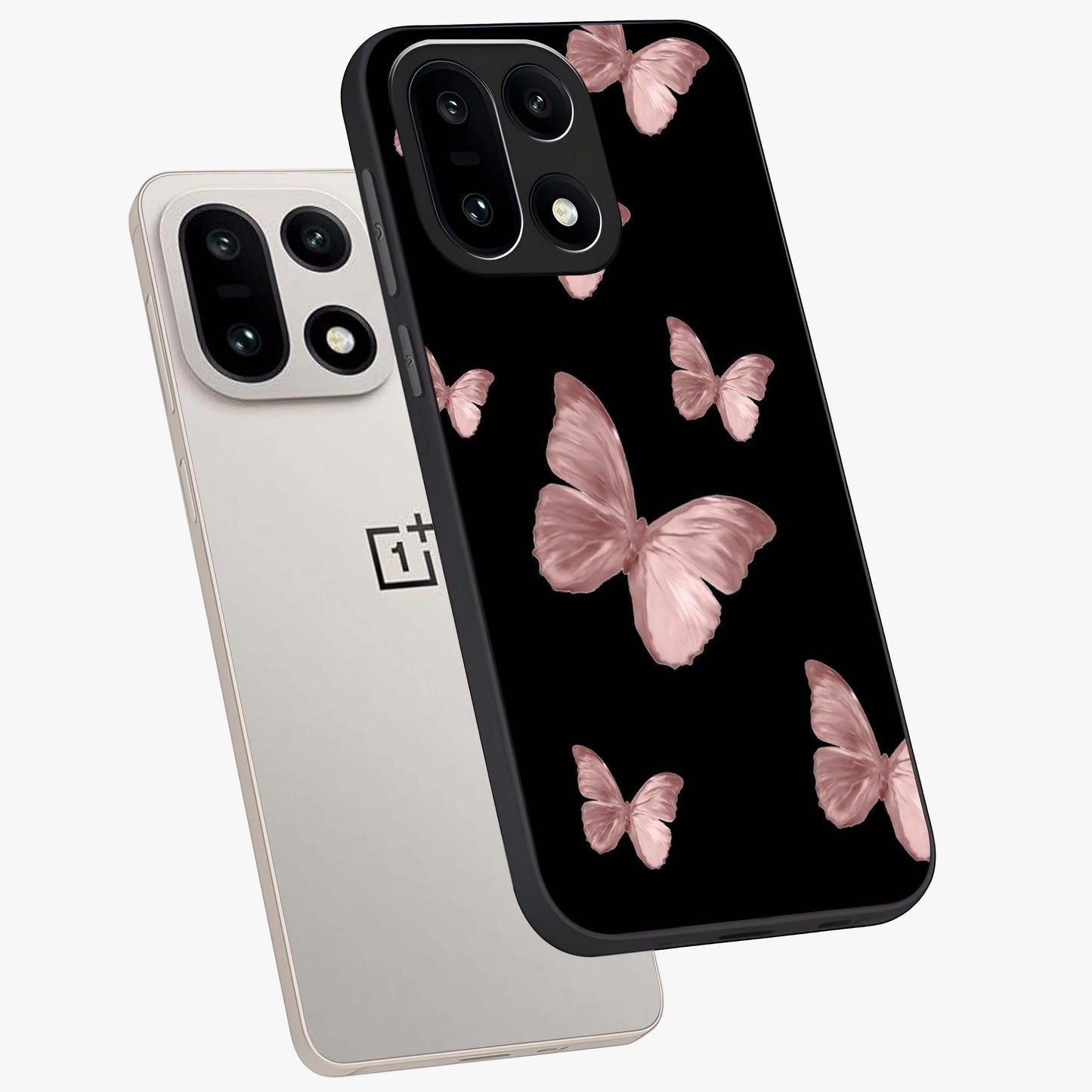 Butterfly Pattern Glass Case for 1+15 angled mockup showcasing glossy glass finish and delicate wing design