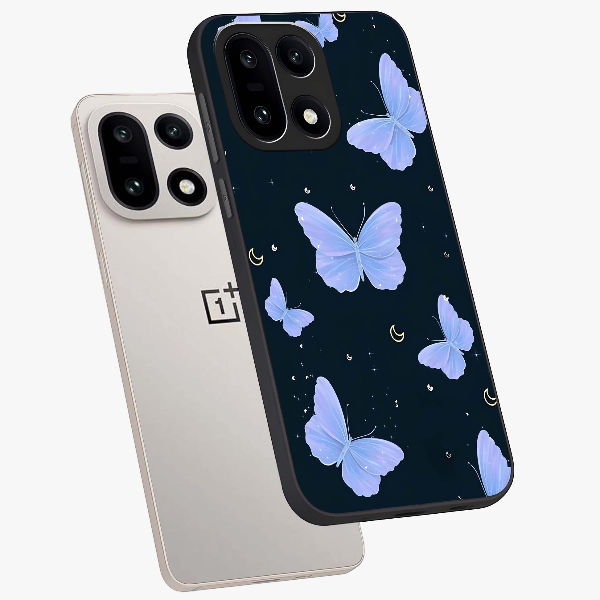 Butterfly With Stars Pattern Glass Case for 1+15 angled mockup showcasing glossy finish and celestial inspired design