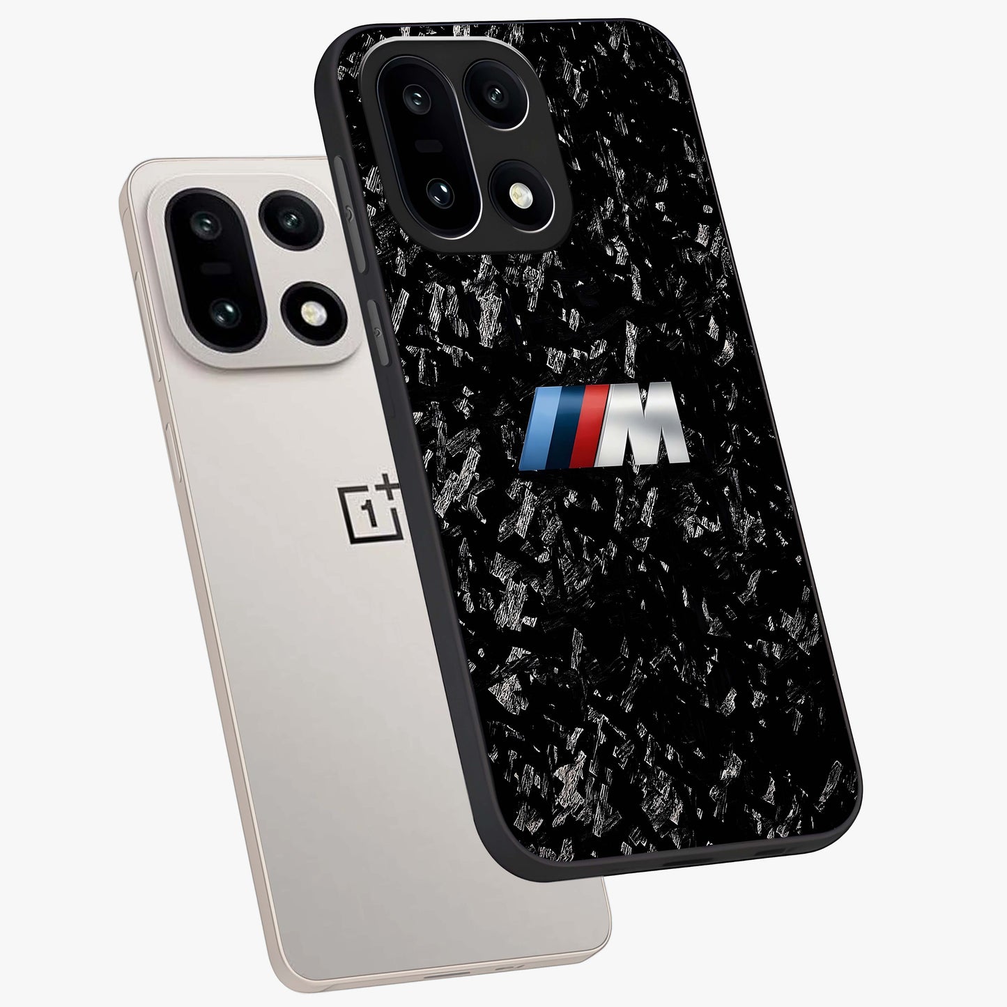 Carbon Speed Mark Glass Case for 1+15 angled mockup showcasing glossy finish and high performance aesthetic