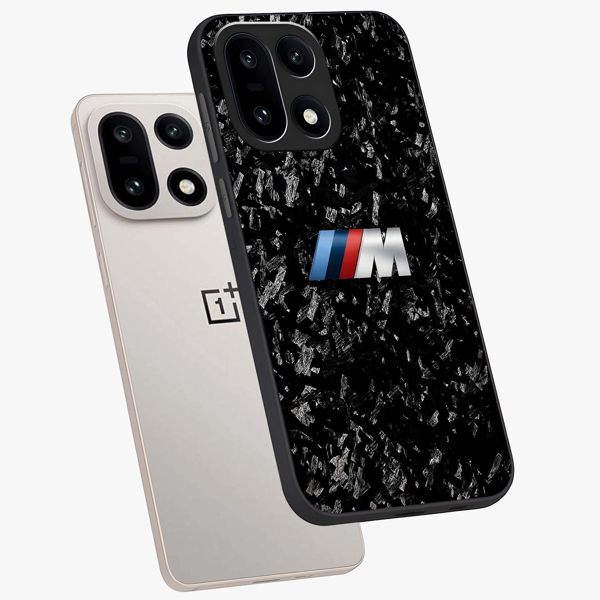 Carbon Speed Mark Glass Case for 1+15 angled mockup showcasing glossy finish and high performance aesthetic