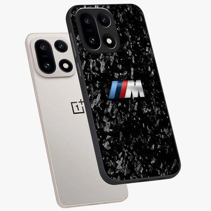 Carbon Speed Mark Glass Case for 1+15 angled mockup showcasing glossy finish and high performance aesthetic