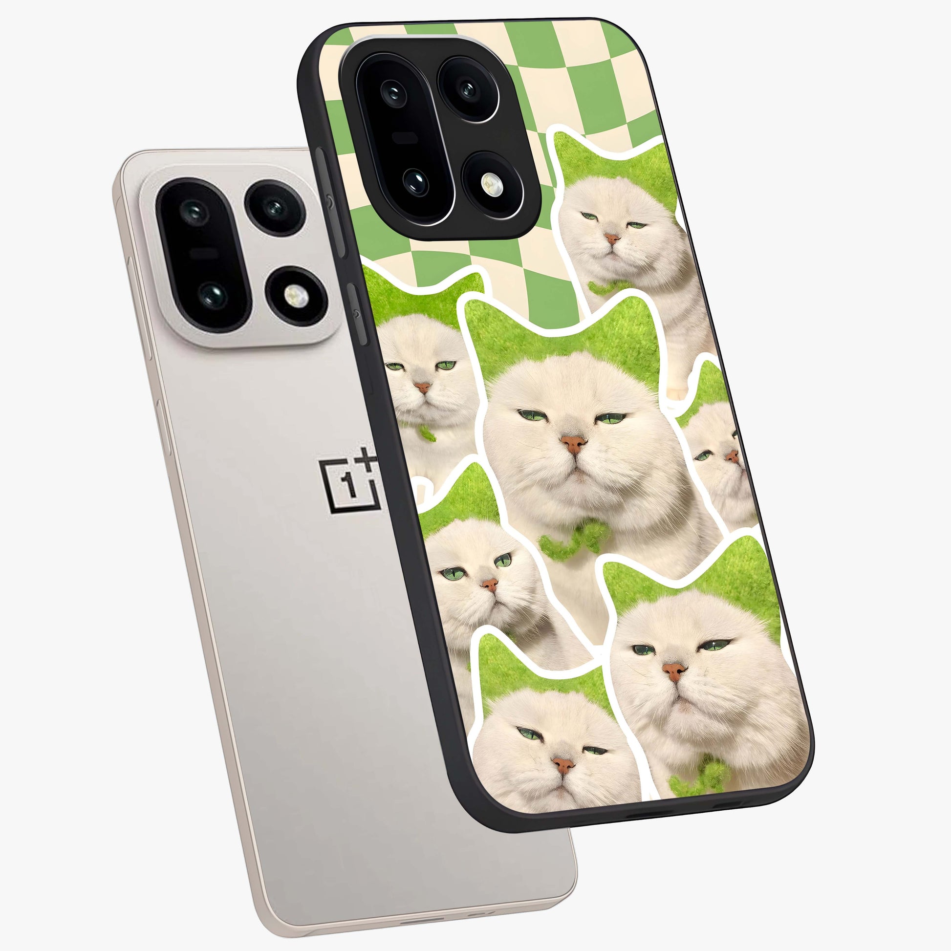 Cats Ethereal Bloom Glass Case for 1+15 angled mockup showcasing glossy finish and dreamy pastel tones