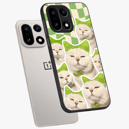 Cats Ethereal Bloom Glass Case for 1+15 angled mockup showcasing glossy finish and dreamy pastel tones
