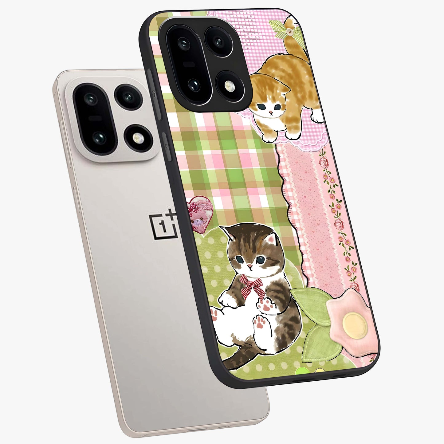 Cats Sweet Button Glass Case for 1+15 angled mockup showcasing glossy finish and charming character design