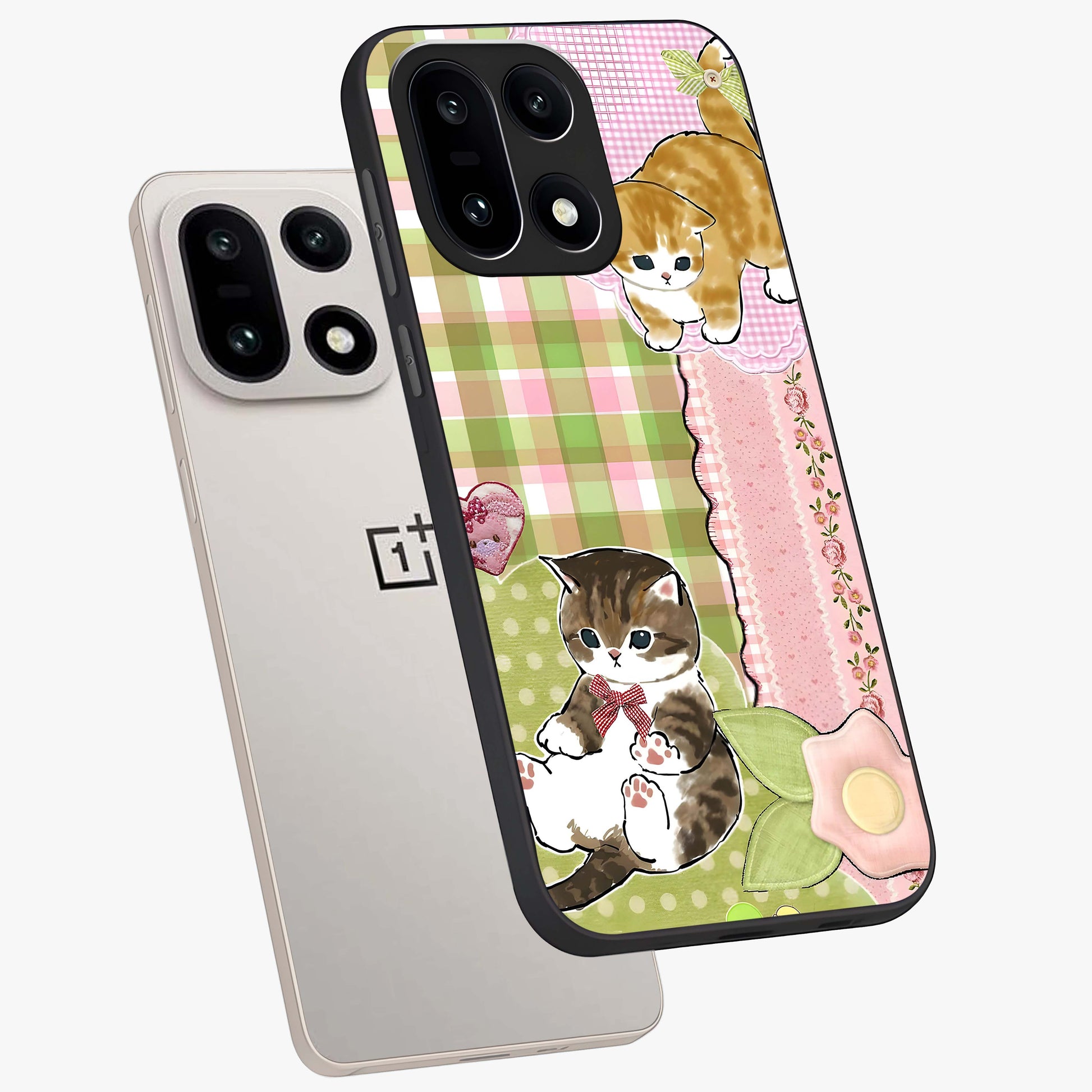 Cats Sweet Button Glass Case for 1+15 angled mockup showcasing glossy finish and charming character design