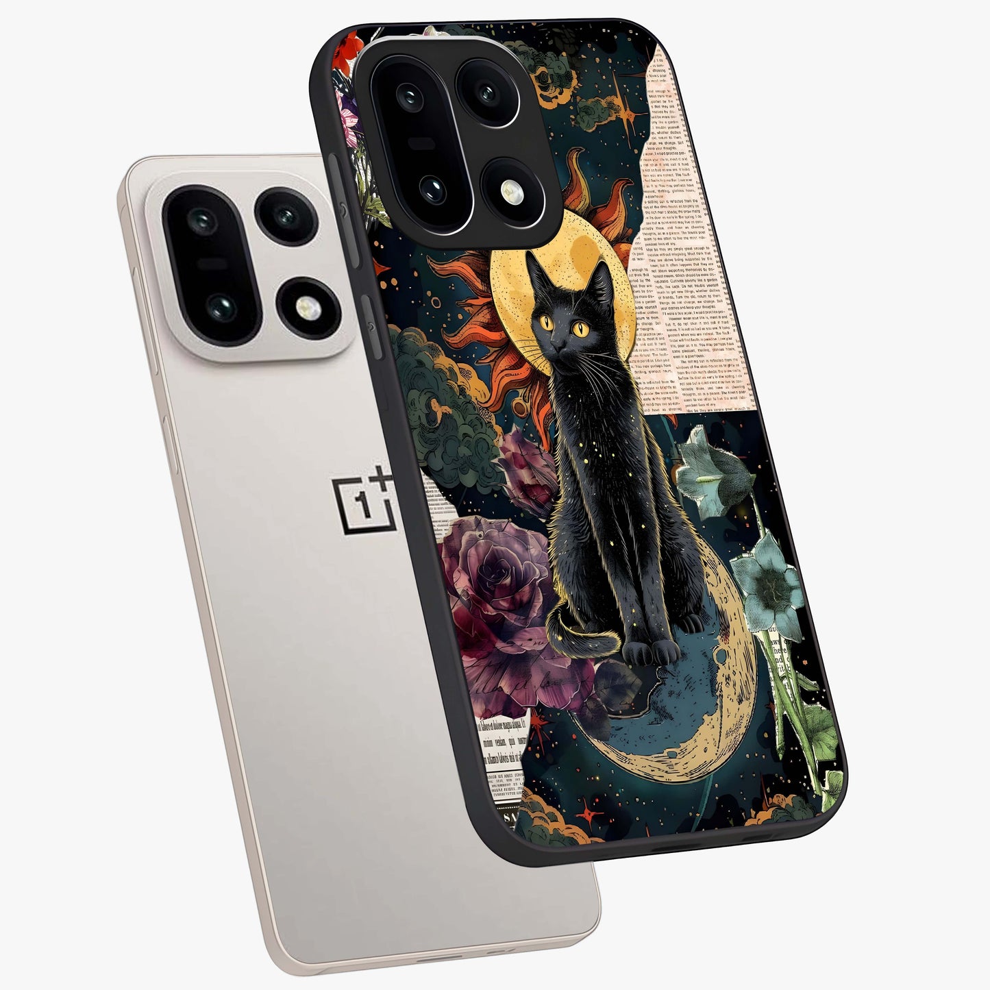 Celestial Black Cat Glass Case for 1+15 angled mockup showcasing glossy finish and celestial glow detailing