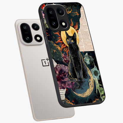 Celestial Black Cat Glass Case for 1+15 angled mockup showcasing glossy finish and celestial glow detailing