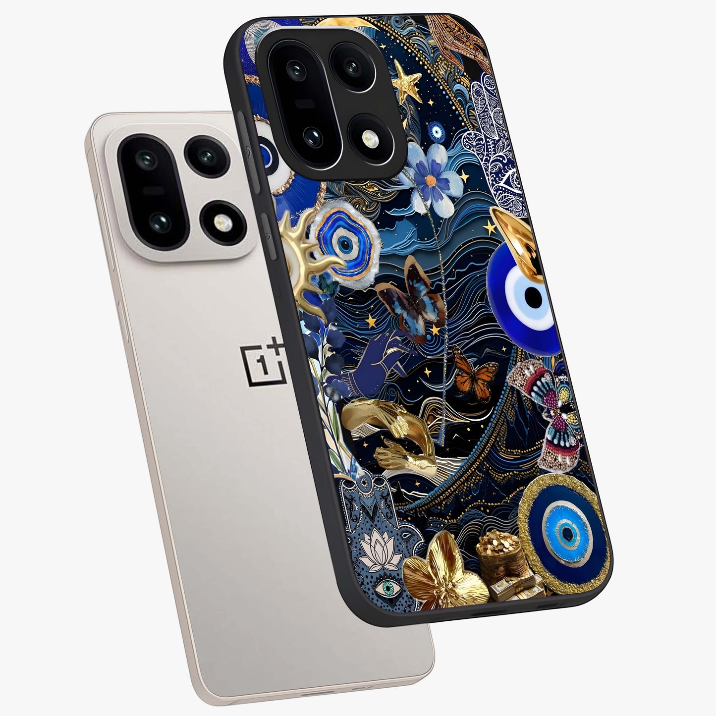 Celestial Blessing Shield Glass Case for 1+15 angled mockup showcasing glossy finish and divine design elements