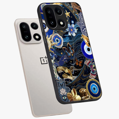 Celestial Blessing Shield Glass Case for 1+15 angled mockup showcasing glossy finish and divine design elements