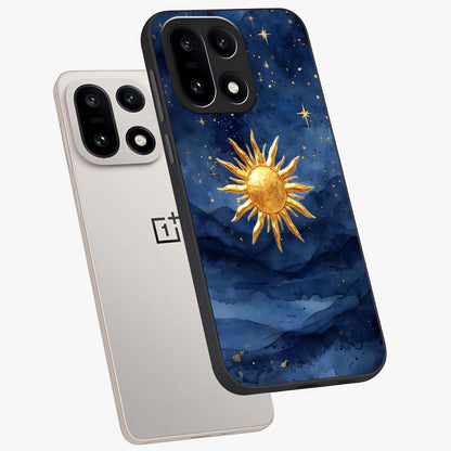 Celestial Blue Glow Glass Case for 1+15 angled mockup showcasing glossy finish and luminous celestial tones