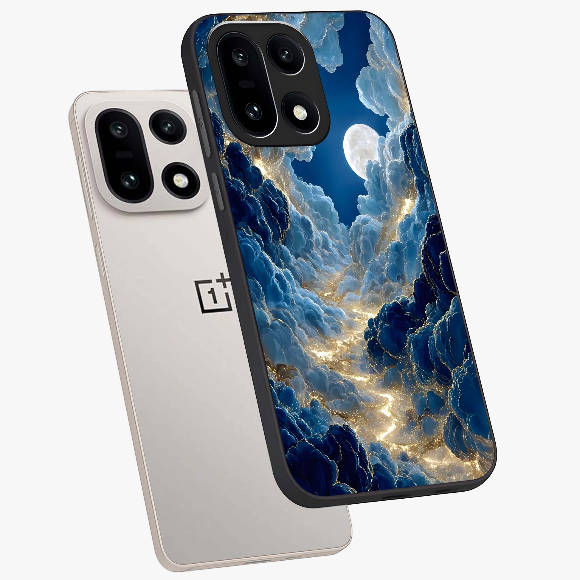 Celestial Cloud Path Glass Case for 1+15 angled mockup showcasing glossy finish and soft celestial gradients