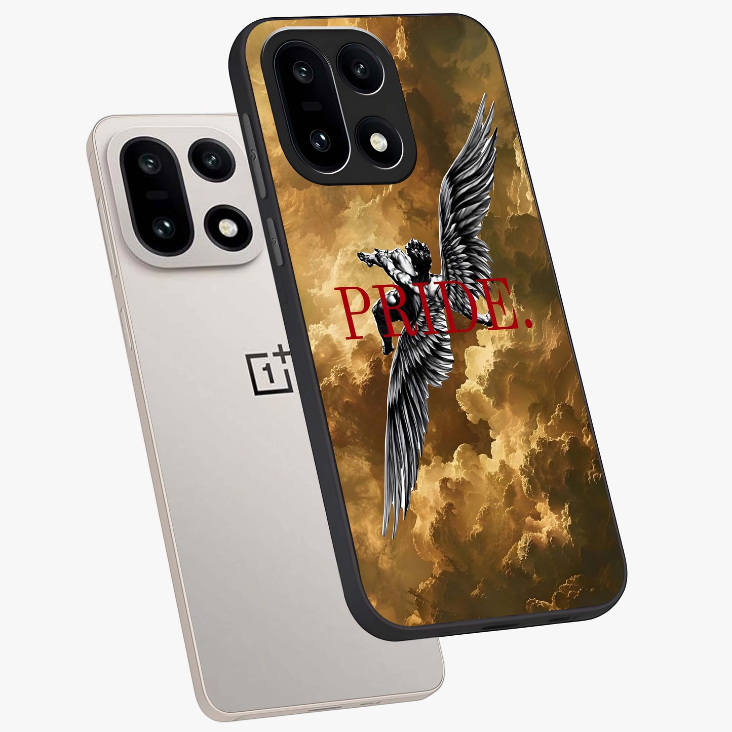 Celestial Fallen Pride Glass Case for 1+15 angled mockup showcasing glossy glass finish and intense night sky detailing