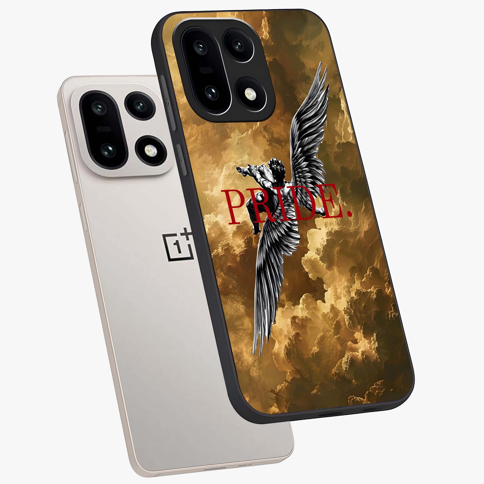 Celestial Fallen Pride Glass Case for 1+15 angled mockup showcasing glossy glass finish and intense night sky detailing