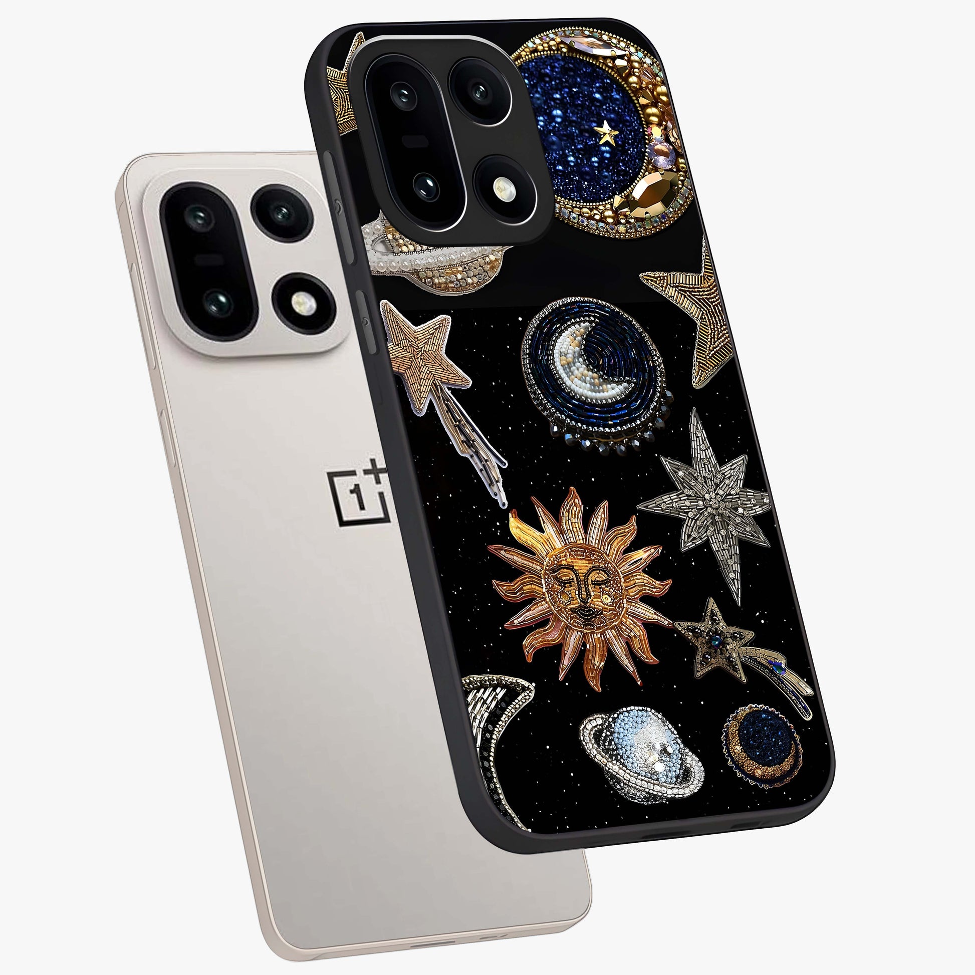 Celestial Gem Constellations Glass Case for 1+15 angled mockup showcasing glossy finish and sparkling cosmic design