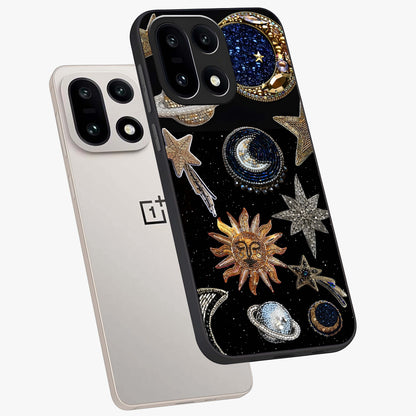 Celestial Gem Constellations Glass Case for 1+15 angled mockup showcasing glossy finish and sparkling cosmic design