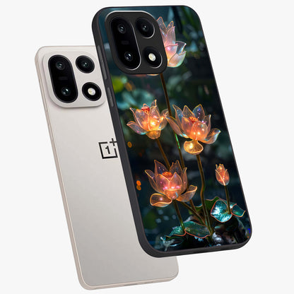Celestial Lotus Light Glass Case for 1+15 angled mockup showcasing glossy finish and radiant celestial tones