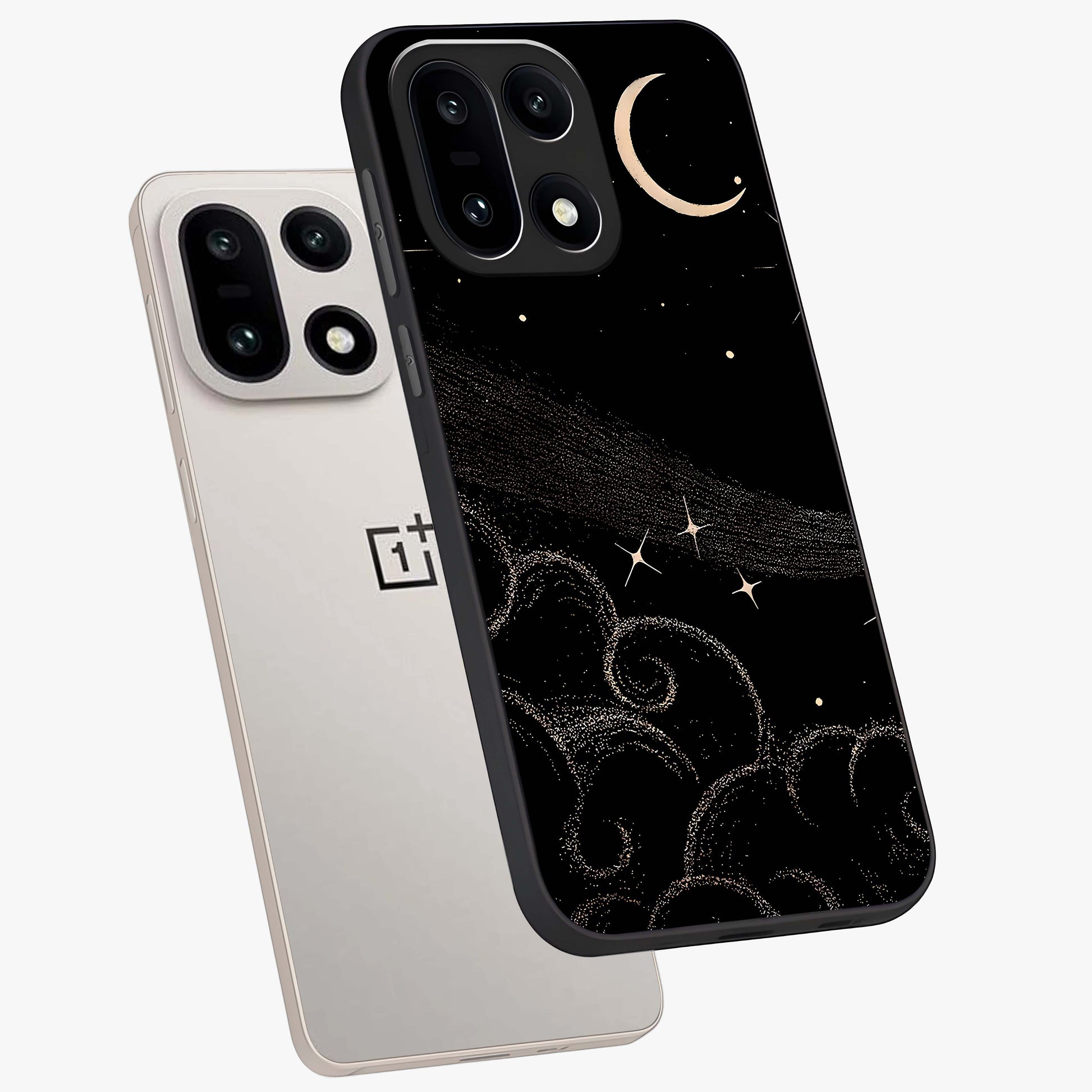 Celestial Midnight Veil Glass Case for 1+15 angled mockup showcasing glossy finish and dark celestial gradients