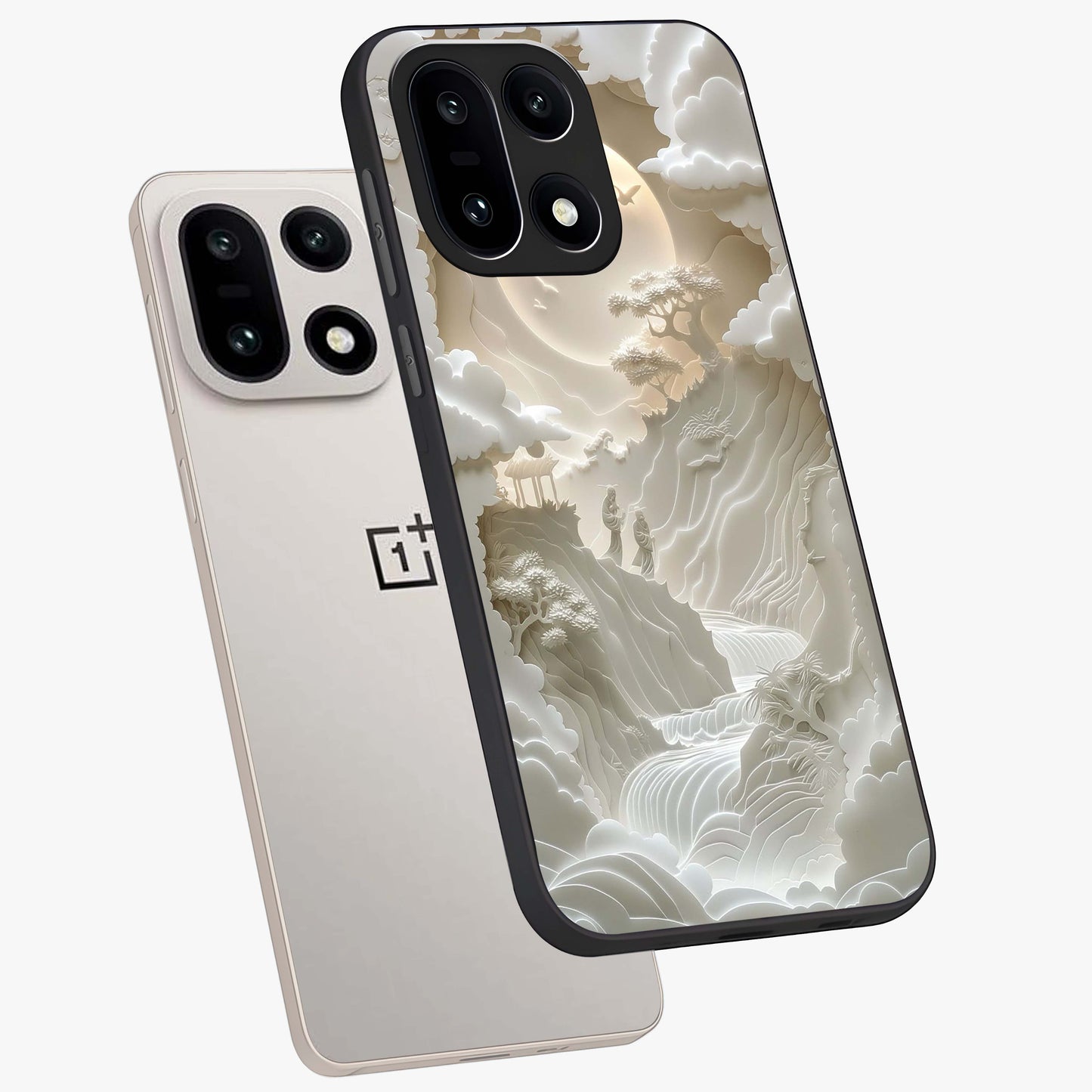 Celestial Origami Glass Case for 1+15 angled mockup showcasing glossy finish and geometric celestial design