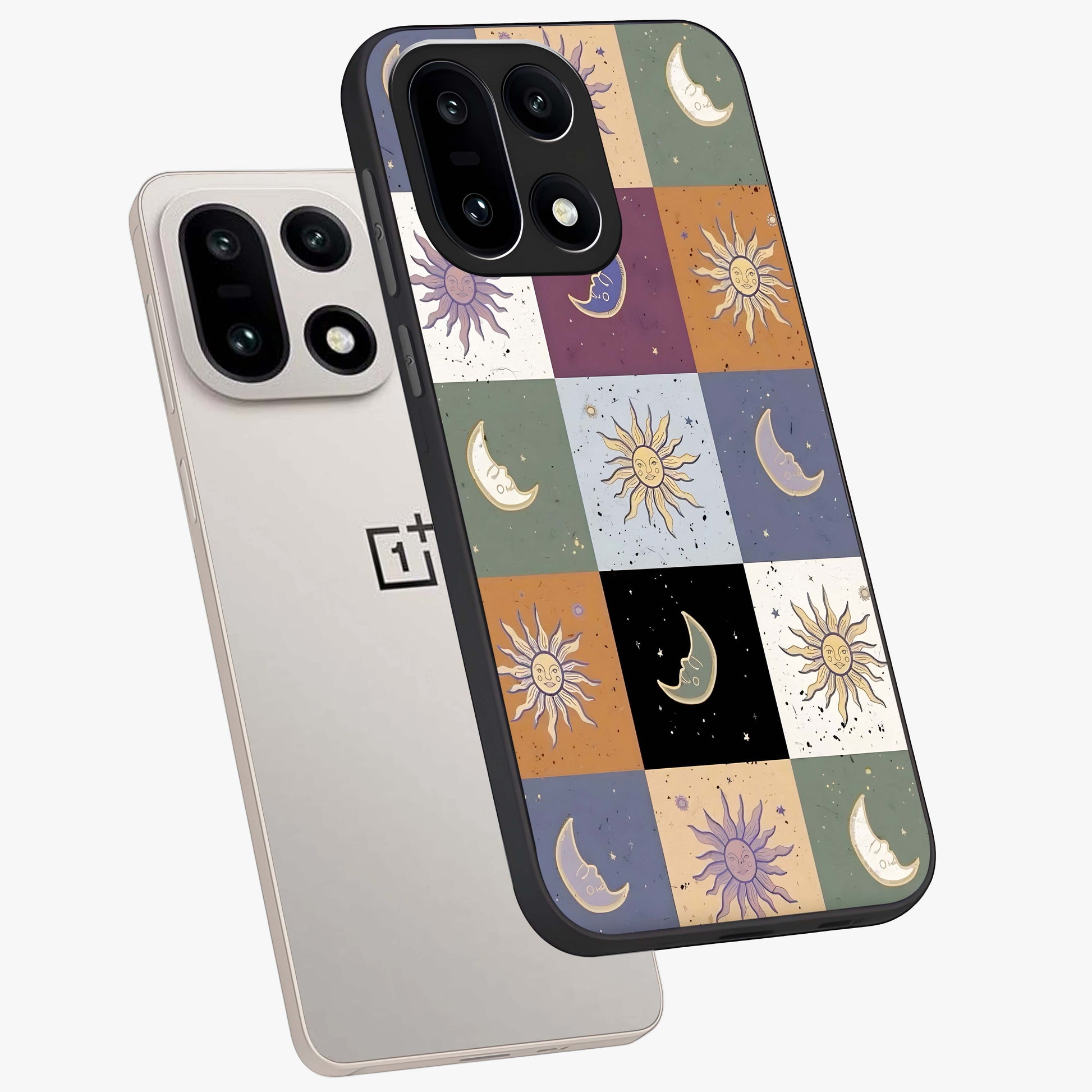 Celestial Patchwork Dreams Glass Case for 1+15 angled mockup showcasing glossy finish and layered celestial textures