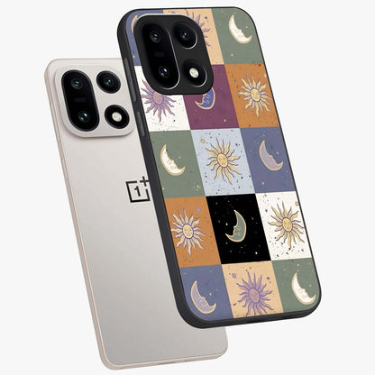 Celestial Patchwork Dreams Glass Case for 1+15 angled mockup showcasing glossy finish and layered celestial textures
