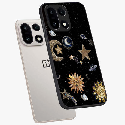 Celestial Star Charm Glass Case for 1+15 angled mockup showcasing glossy finish and shimmering celestial tones