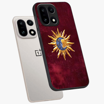 Celestial Unity Charm Glass Case for 1+15 angled mockup showcasing glossy finish and balanced cosmic design