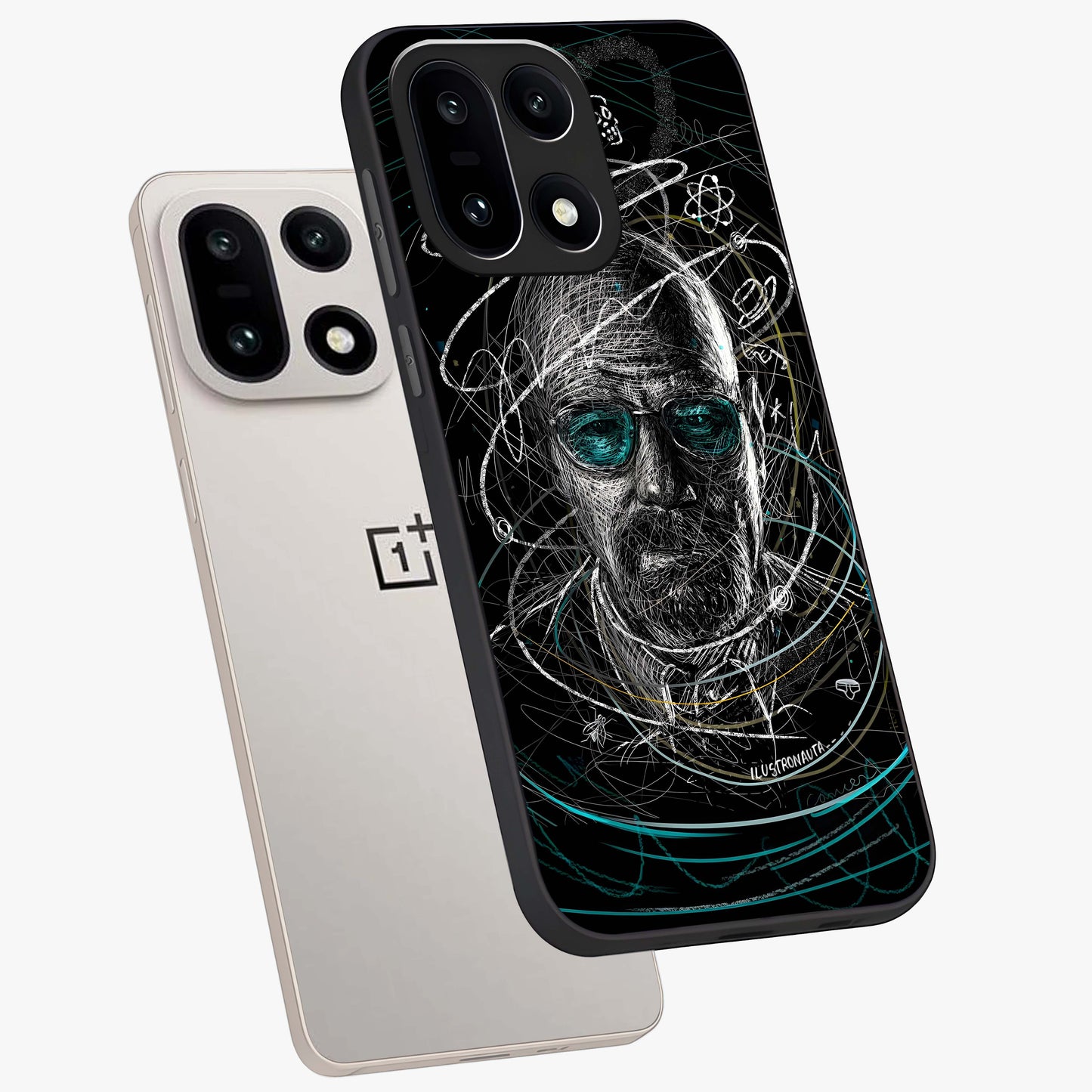 Chaotic Mind Genius Glass Case for 1+15 angled mockup showcasing glossy finish and edgy artistic design