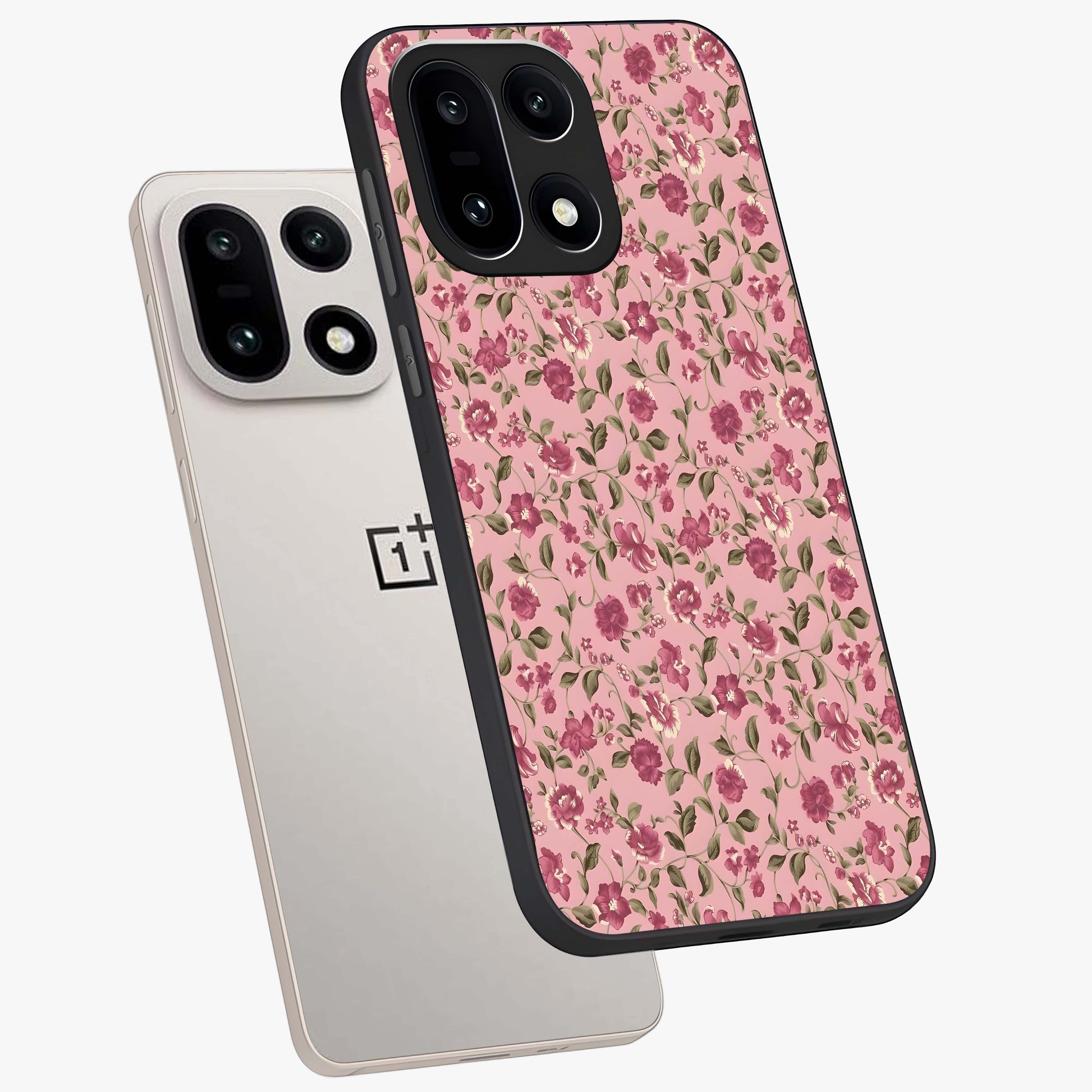Charming Pink Floral Glass Case for 1+15 angled mockup showcasing glossy finish and elegant bloom detailing