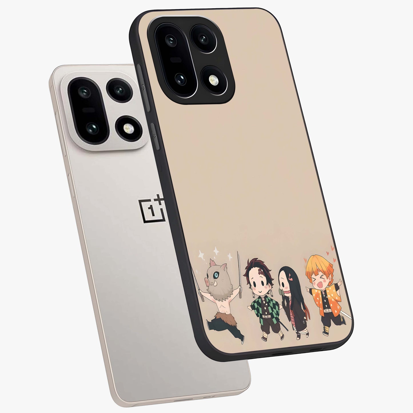 Chibi Demon Squad Glass Case for 1+15 angled mockup showcasing glossy finish and vibrant anime inspired design