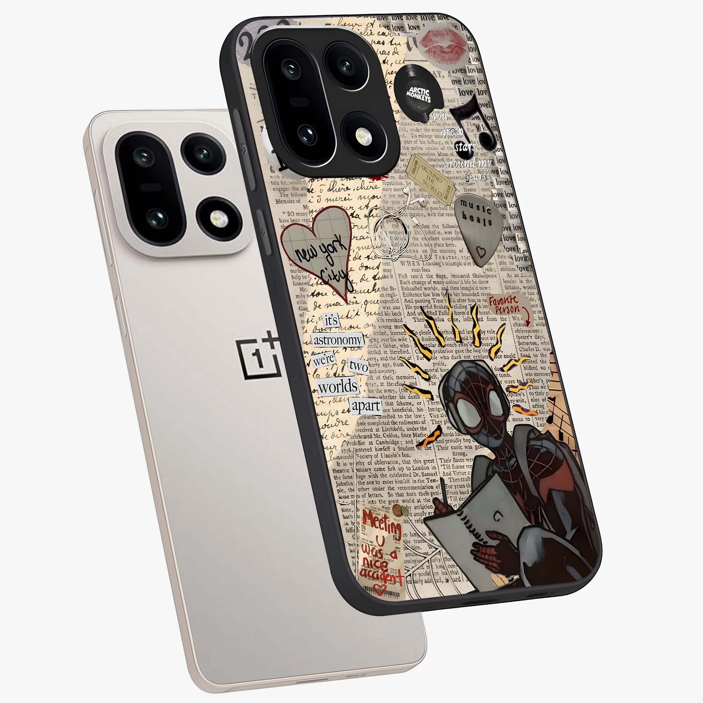 City Dream Sketch Glass Case for 1+15 captured at a warm angle highlighting urban line details, gloss, and edge clarity.