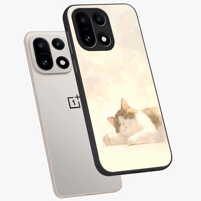 Cloud Nap Cat Glass Case for 1+15 angled mockup showcasing glossy finish and cozy pastel tones