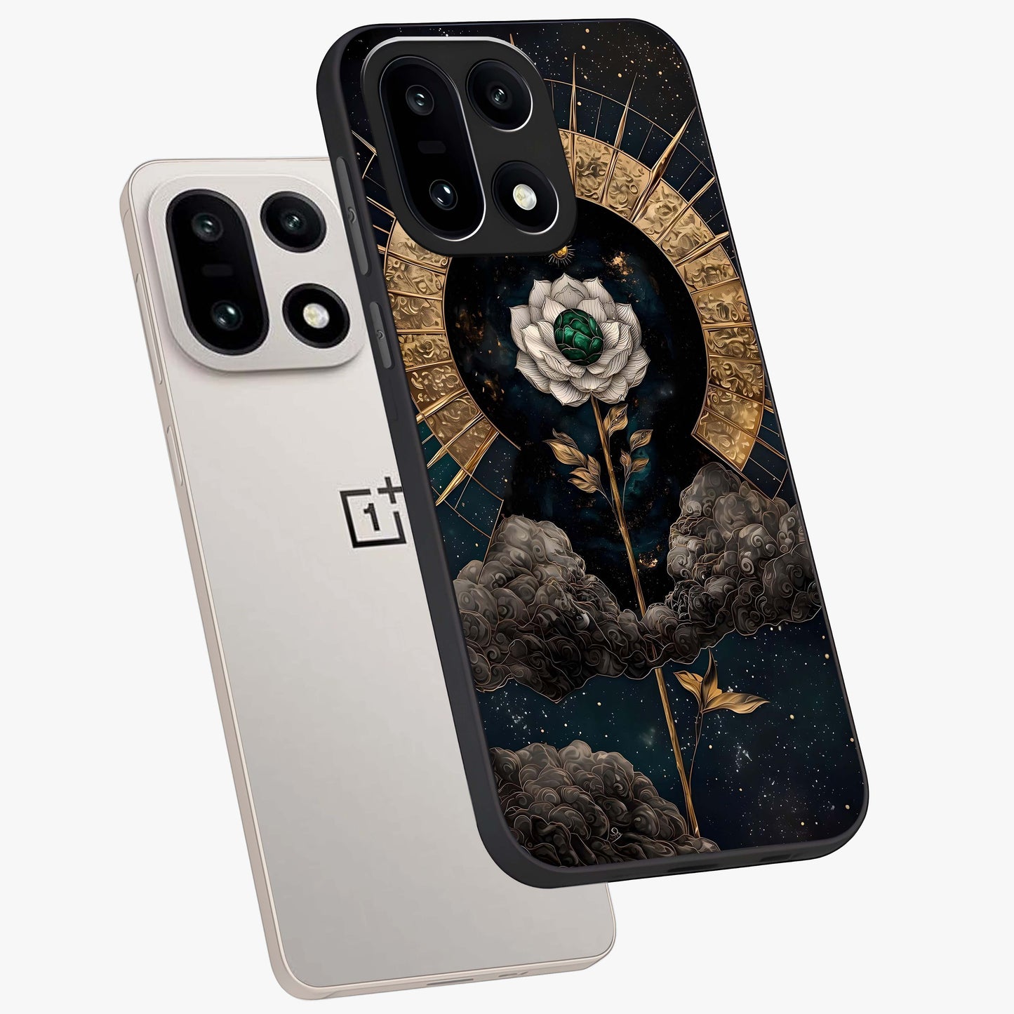 Cosmic Bloom Rose Glass Case for 1+15 angled mockup showcasing glossy finish and vibrant celestial floral tones