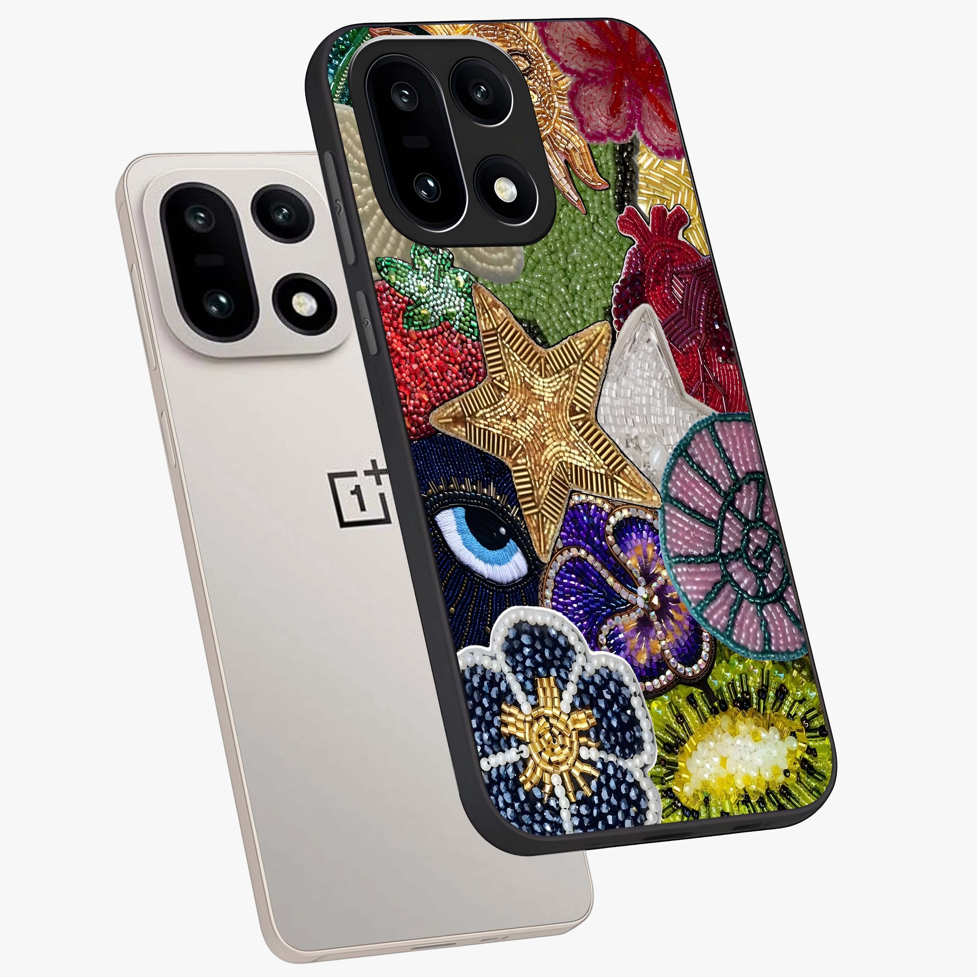Cosmic Charm Shine Glass Case for 1+15 angled mockup showcasing glossy finish and sparkling cosmic tones