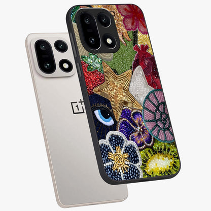 Cosmic Charm Shine Glass Case for 1+15 angled mockup showcasing glossy finish and sparkling cosmic tones