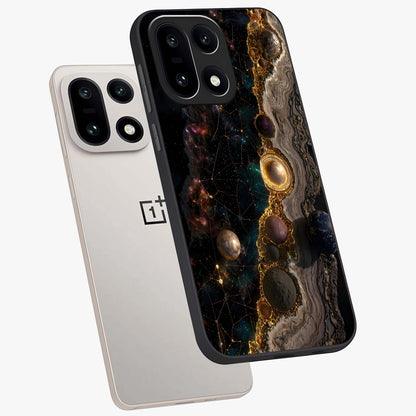 Cosmic Gold Path Glass Case for 1+15 angled mockup showcasing glossy finish and radiant gold accents