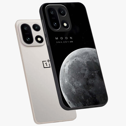 Cosmic Moon Glow Glass Case for 1+15 angled mockup showcasing glossy finish and luminous night design