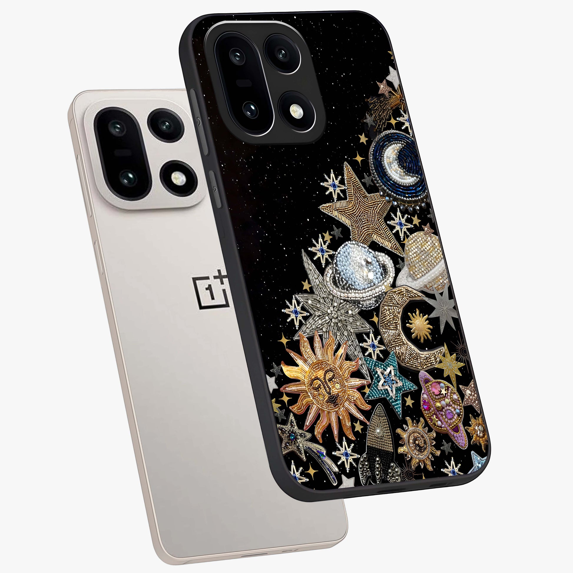 Cosmic Sparkle Dreams Glass Case for 1+15 angled mockup showcasing glossy finish and vibrant celestial glow