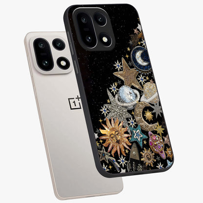 Cosmic Sparkle Dreams Glass Case for 1+15 angled mockup showcasing glossy finish and vibrant celestial glow