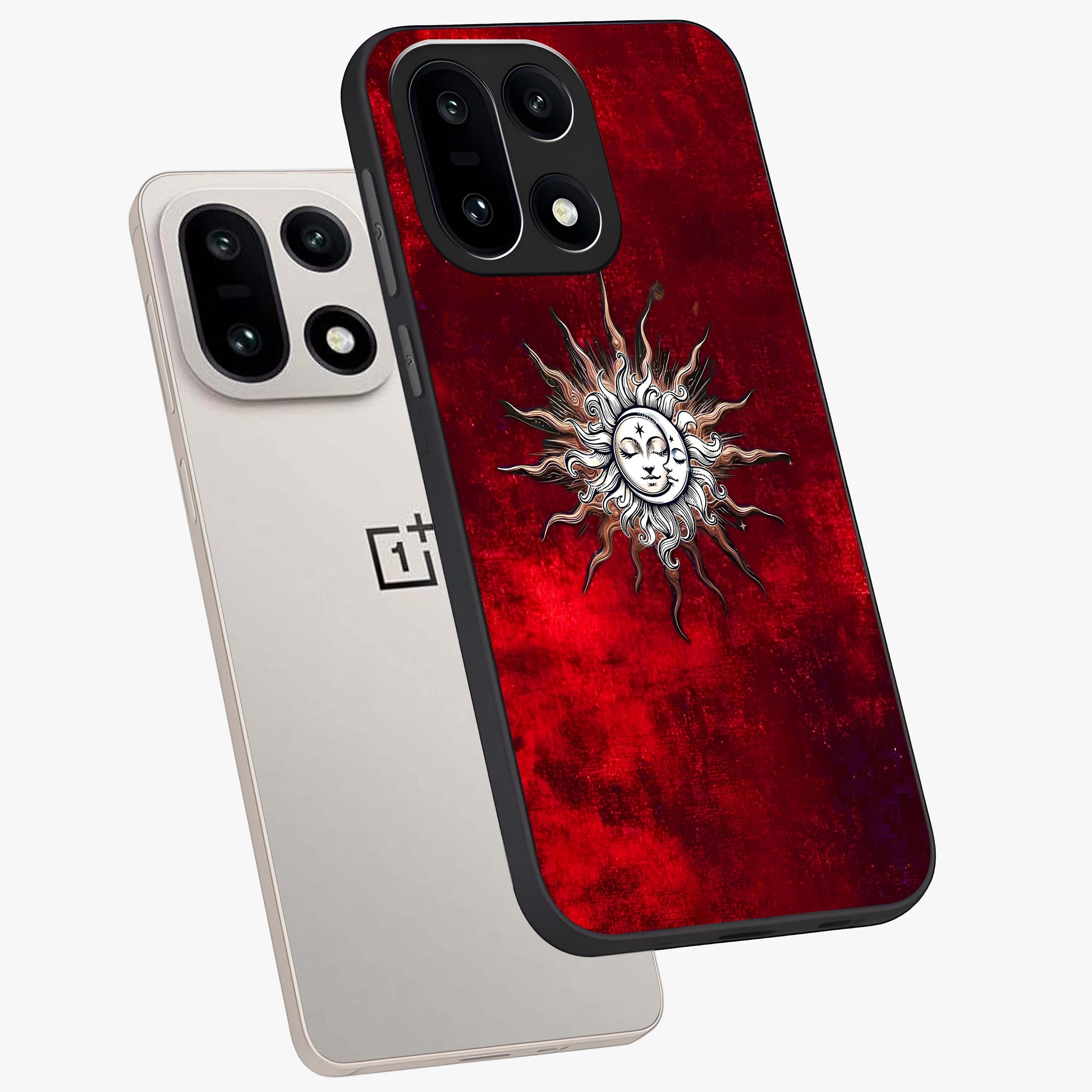 Cosmic Twin Eclipse Glass Case for 1+15 angled mockup showcasing glossy finish and bold celestial contrast