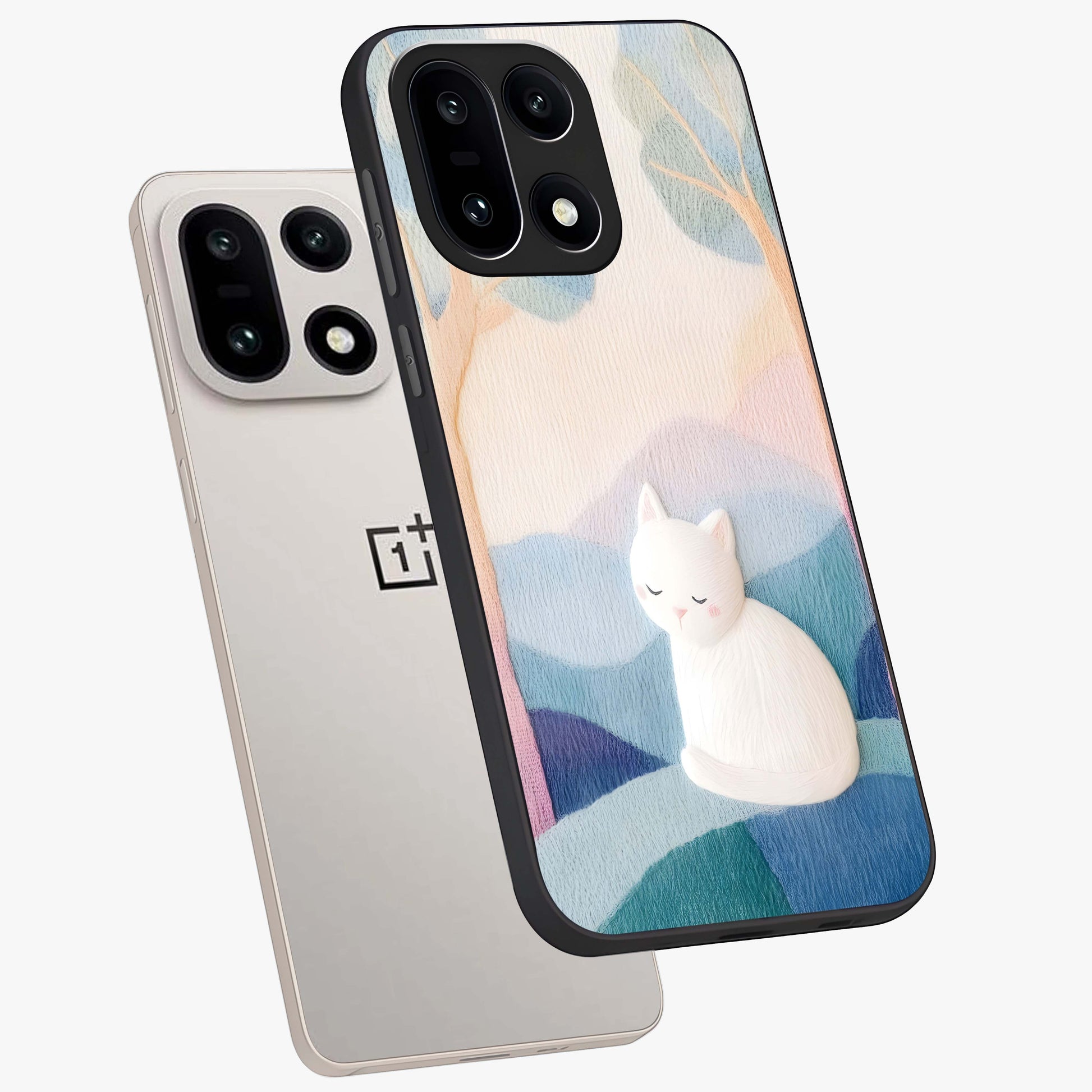 Cotton Dream Cat Glass Case for 1+15 angled mockup showcasing glossy glass finish and cozy aesthetic design