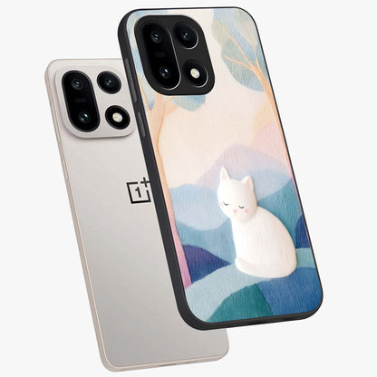 Cotton Dream Cat Glass Case for 1+15 angled mockup showcasing glossy glass finish and cozy aesthetic design