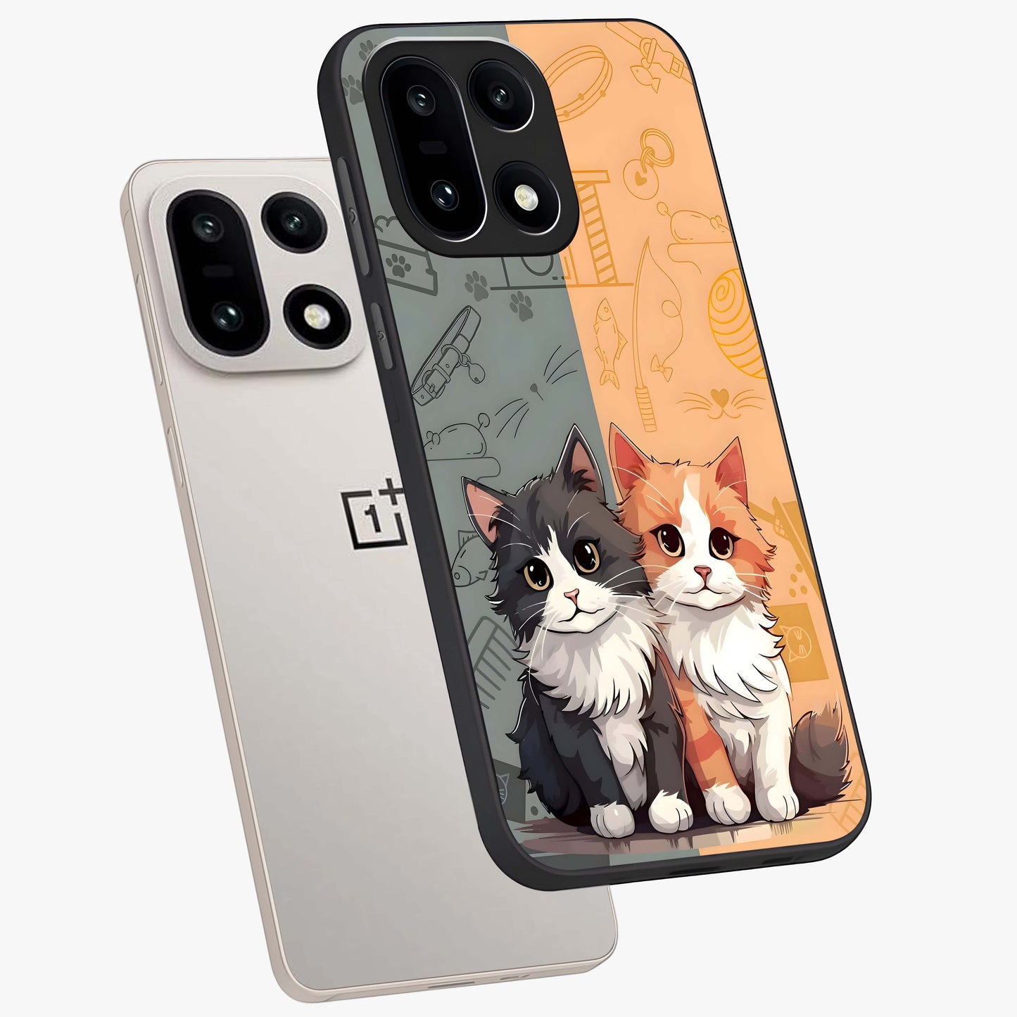 Cozy Cat Duo Glass Case for 1+15 angled mockup showcasing glossy finish and charming pastel tones