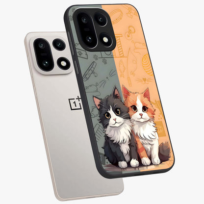 Cozy Cat Duo Glass Case for 1+15 angled mockup showcasing glossy finish and charming pastel tones