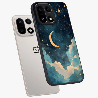 Crescent Galaxy Moon Glass Case for 1+15 angled mockup showcasing glossy finish and glowing galaxy tones