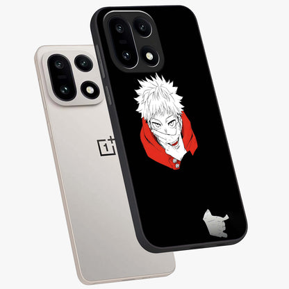 Crimson Chaos Smile Glass Case for 1+15 angled mockup showcasing glossy finish and dramatic red detailing