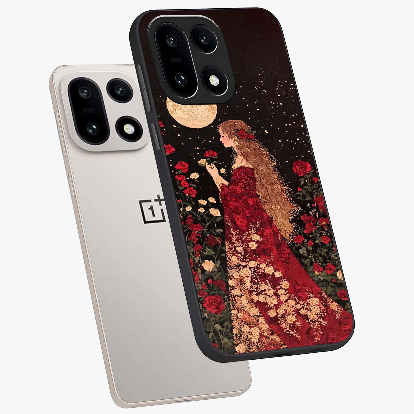 Crimson Dreams Glass Case for 1+15 angled mockup showcasing glossy finish and deep crimson gradients