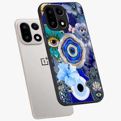 Crimson Evil Eye Charm Glass Case for 1+15 angled mockup showcasing glossy finish and vibrant symbolic detailing