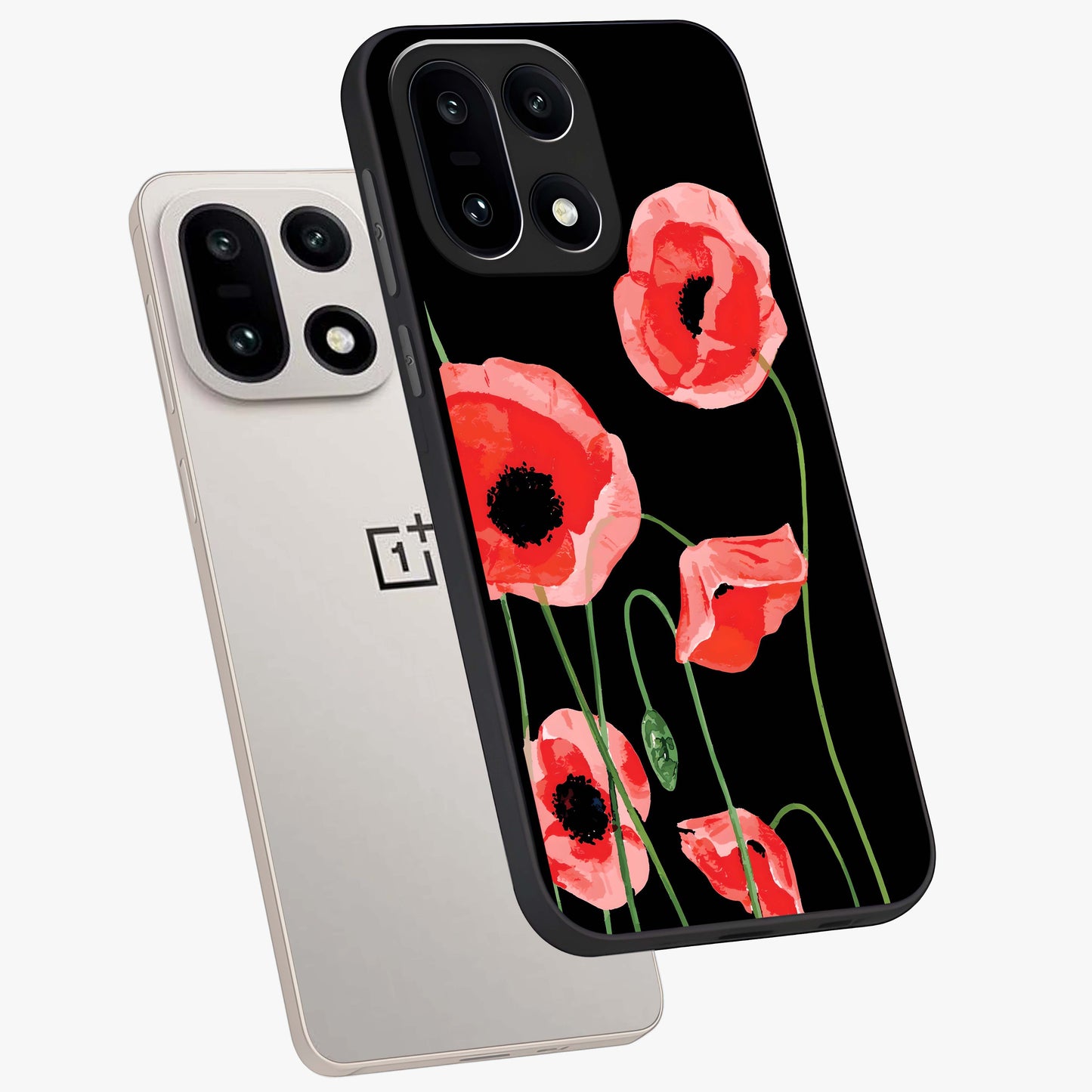 Crimson Garden Dream Glass Case for 1+15 angled mockup showcasing glossy finish and vibrant bloom detailing