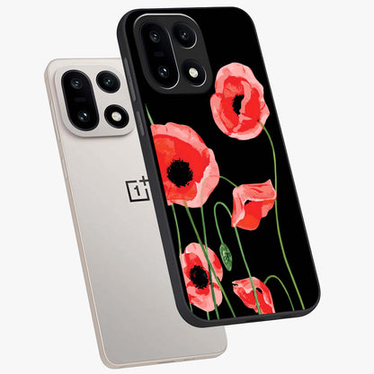 Crimson Garden Dream Glass Case for 1+15 angled mockup showcasing glossy finish and vibrant bloom detailing