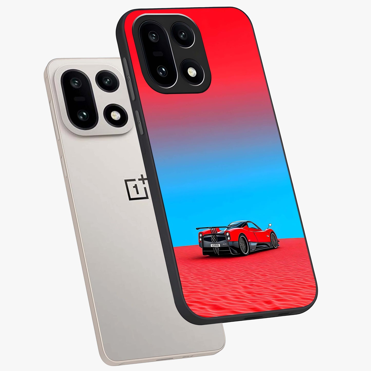 Crimson Speed Mirage Glass Case for 1+15 angled mockup showcasing glossy finish and dynamic speed detailing